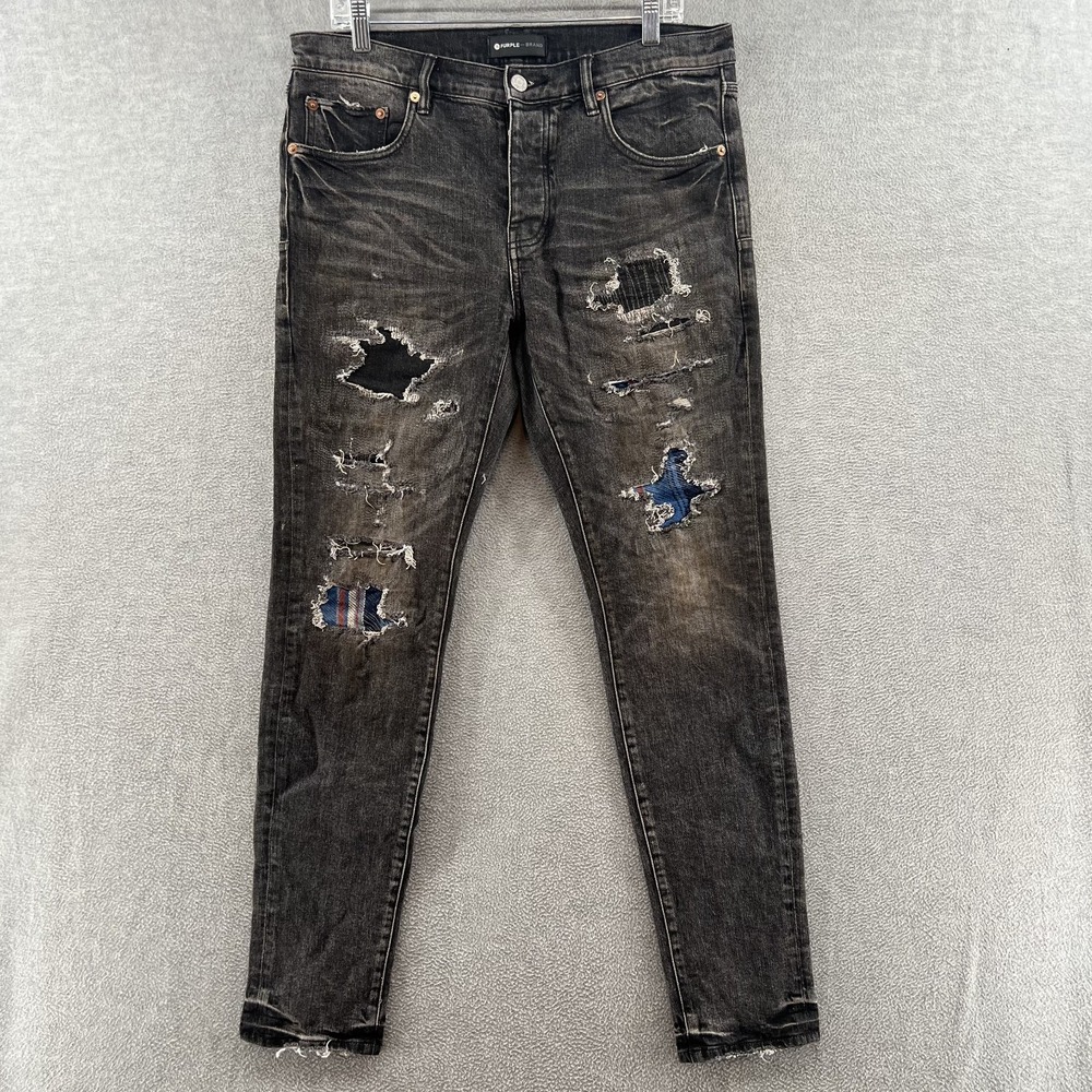 Purple Brand Jeans Mens 35x32 Black Skinny Slim Distressed BLRP422 Frayed Hem